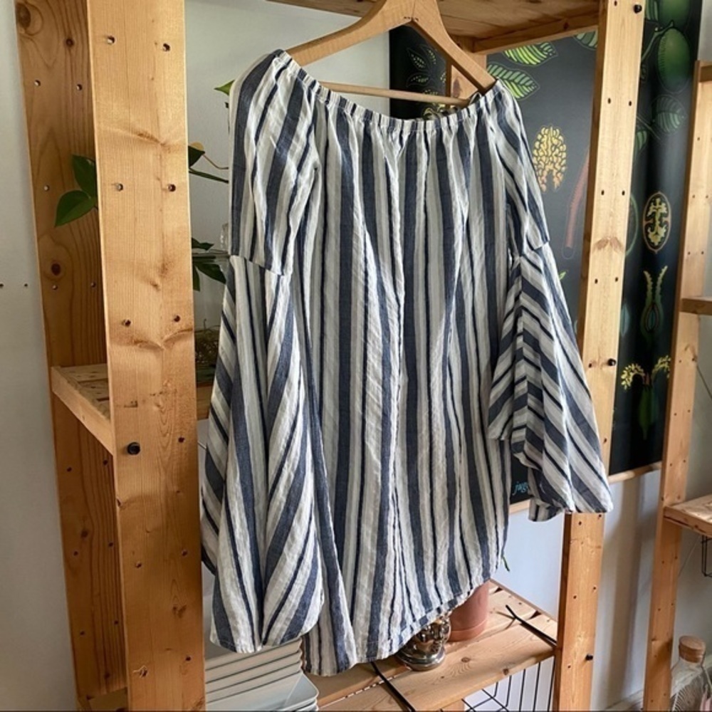 Lulu’s Along the Tides Navy Blue Striped Off-the-Shoulder Mini Dress Bell Sleeve - Picture 6 of 13